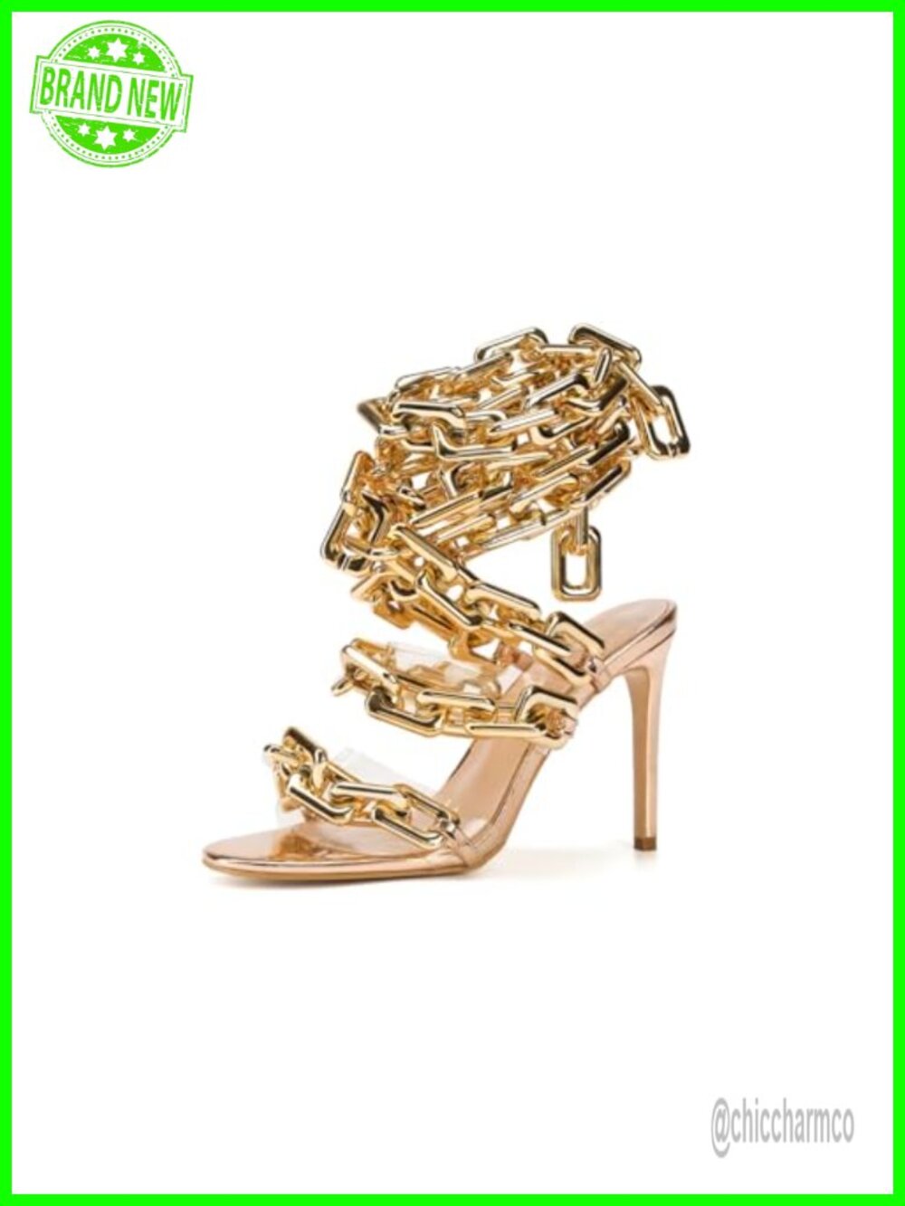 Lace Up Clear PVC Stiletto Heeled Sandals with Gold Chain